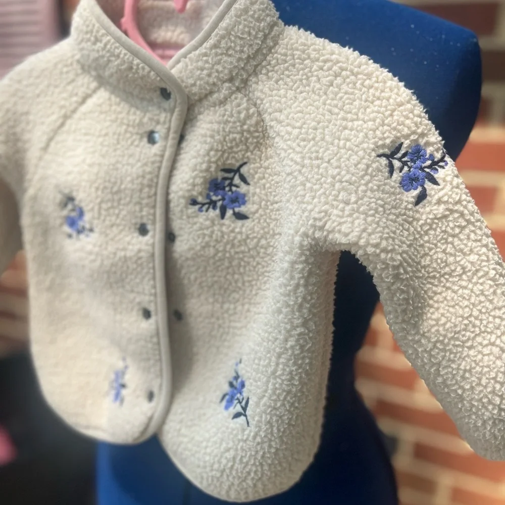 Old Navy Cream Sherpa Jacket with Blue Floral Embroidery